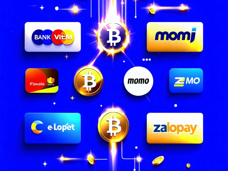 Các biểu tượng ví điện tử, ngân hàng và tiền mã hóa trên nền xanh đậm, thể hiện hệ thống thanh toán đa dạng và nhanh chóng của Zowin.