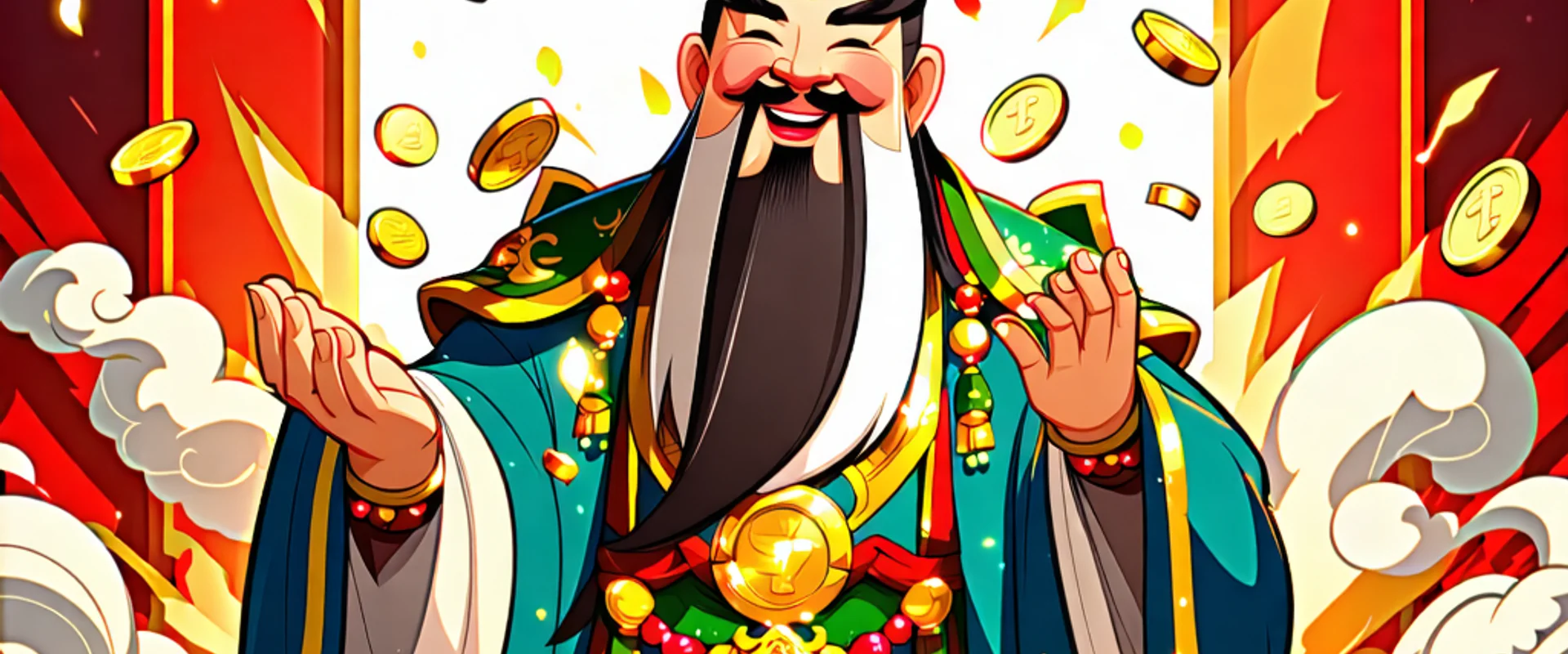 Hình ảnh banner rực rỡ của Máy Đánh Bạc Thần Tài Đến trên Zowin 88 với biểu tượng Thần Tài và tiền vàng